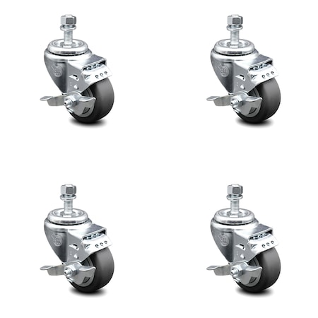 Service Caster 3 Inch Thermoplastic Rubber Swivel 1/2 Inch Threaded Stem Caster Set with Brake SCC-TS20S314-TPRB-TLB-121315-4